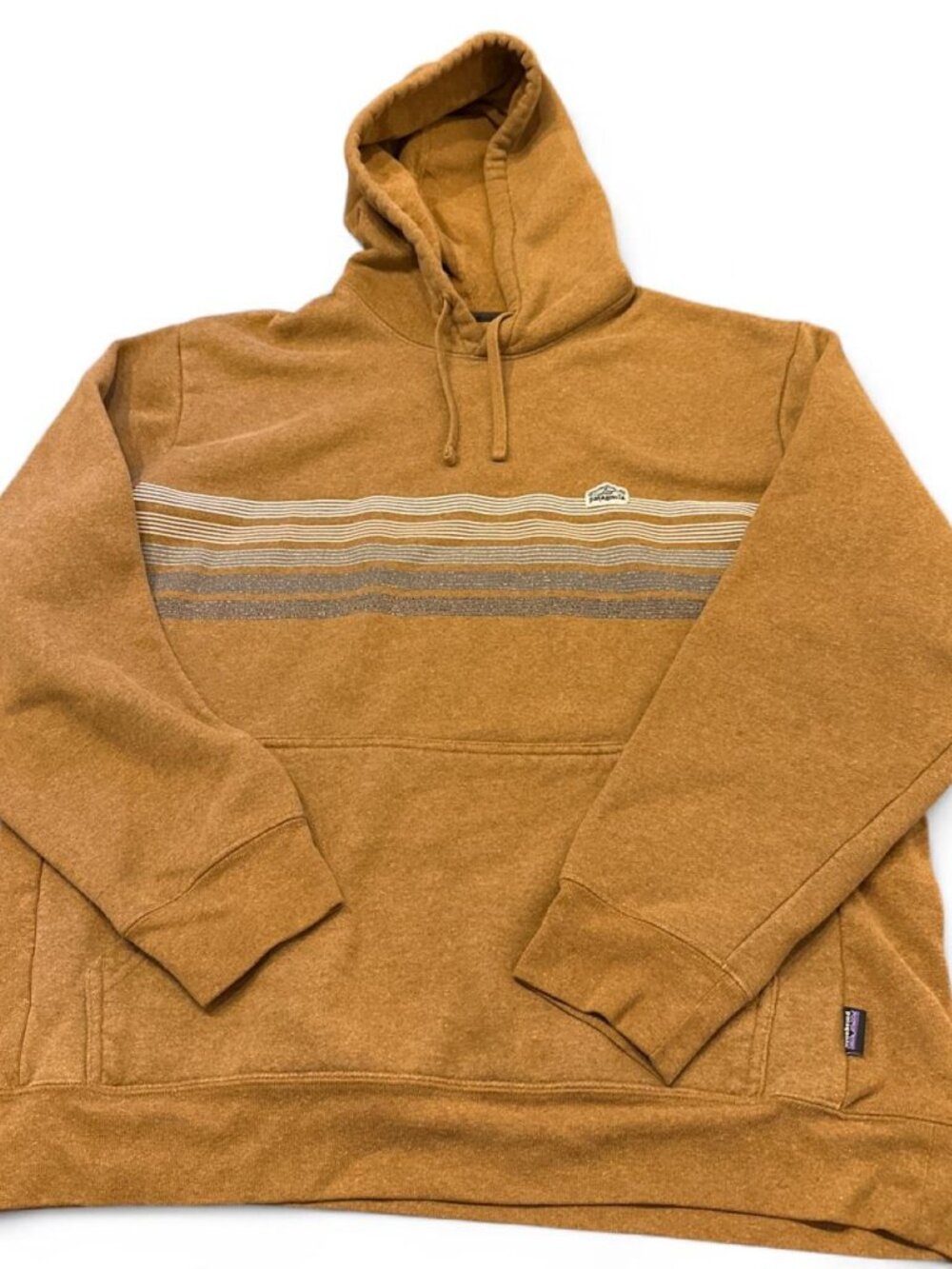 Men’s Patagonia Camel Brown striped hoodie with horizontal blue & white stripes